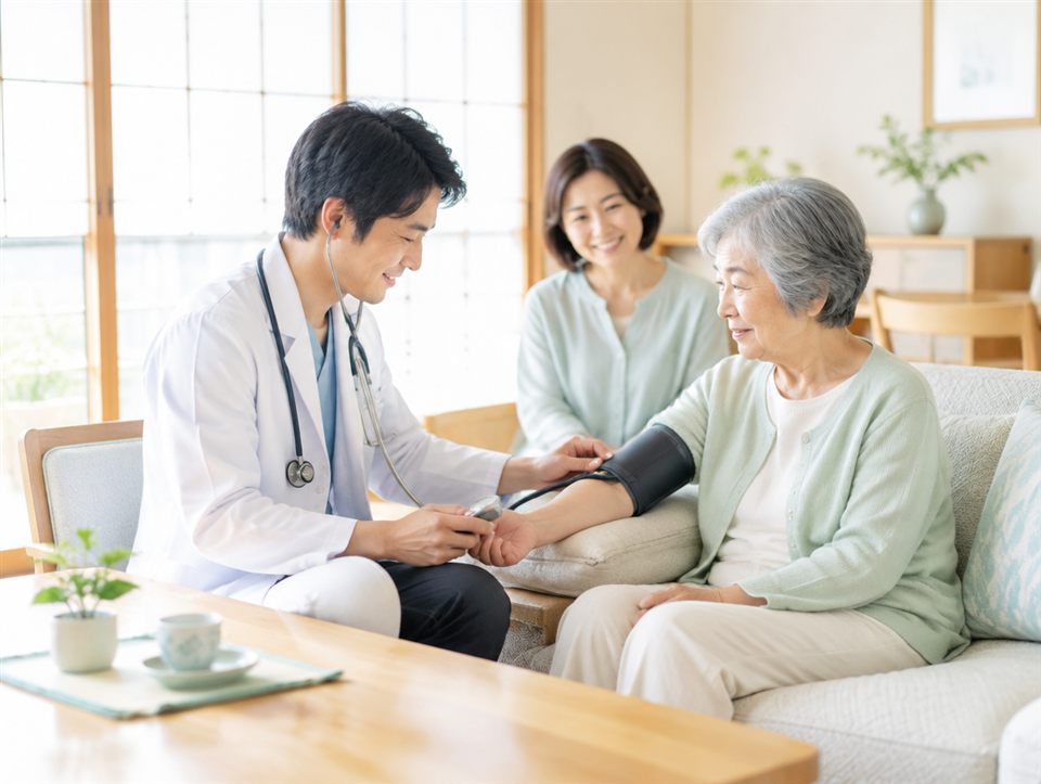医師がご自宅で血圧を測る訪問診療の様子