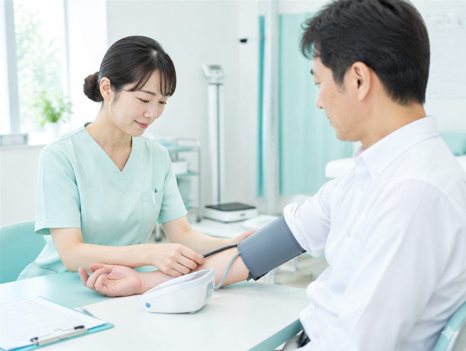 看護師が血圧を測る健康診断の様子